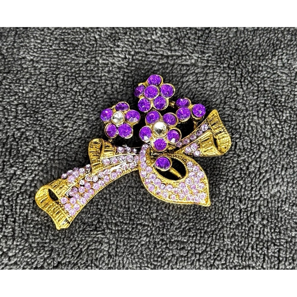 Brooch Pin Bronze Tone w/ Purple Rhinestones Flowers Floral Scarf Vintage *Read